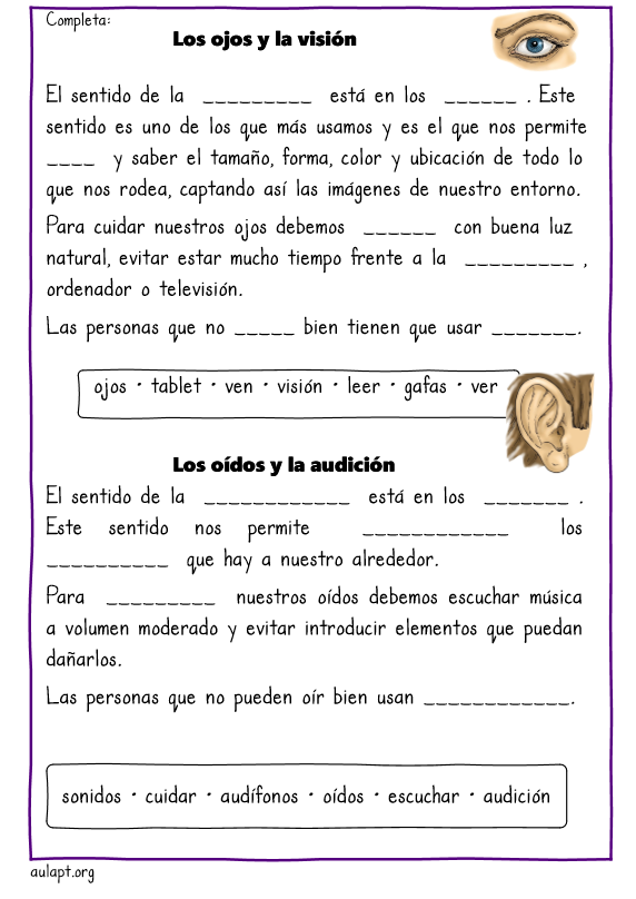 Actividades de comprensión lectora. Los cinco sentidos - Aula PT Actividades de comprensión lectora. Los cinco sentidos - Aula PT