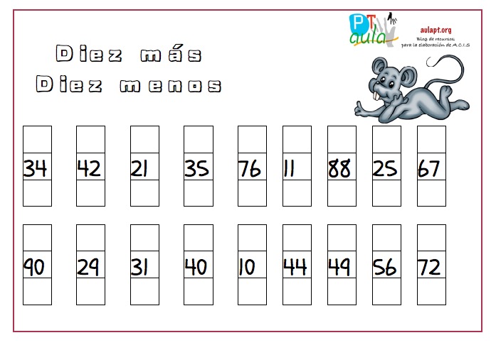 10 más, 10 menos actividades de cálculo mental - Aula PT