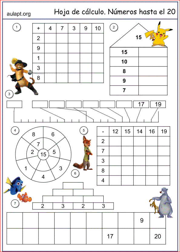 HOJA DE REPASO. CÁLCULO Y NUMERACIÓN HASTA 20 Aula PT