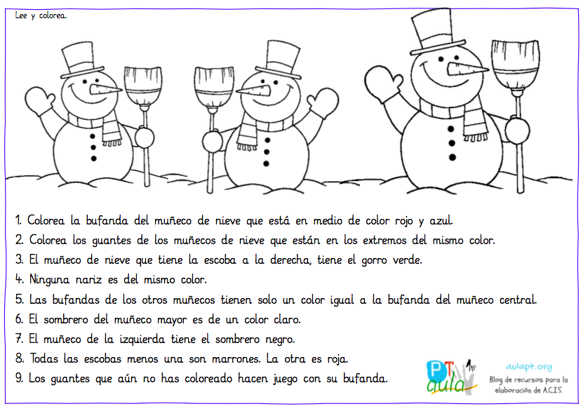 COLOREA LOS MUÑECOS DE NIEVE, ACTIVIDAD DE COMPRENSIÓN DE INSTRUCCIONES