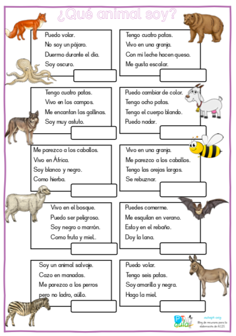 Qué animal soy? Juego de comprensión lectora. - Aula PT