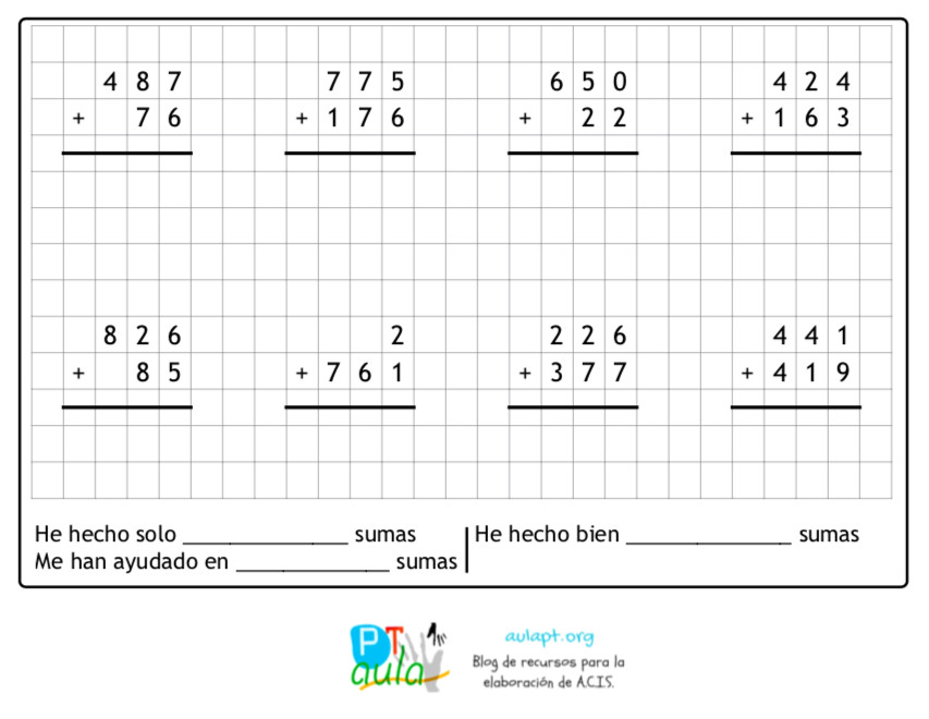 Cuaderno de sumas y restas con llevadas para pegar en libreta ...