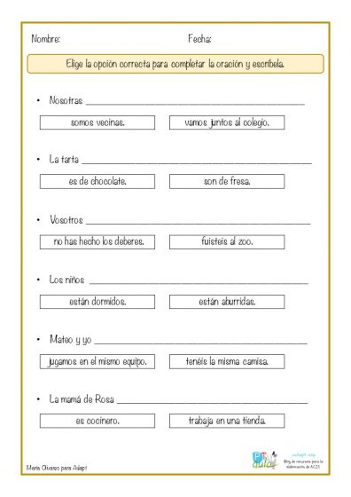 Sujeto y predicado: Elige la opción correcta para completar la oración