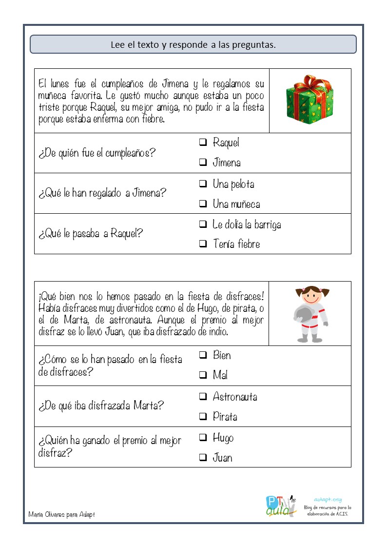 Comprensión lectora de textos cortos Aula PT