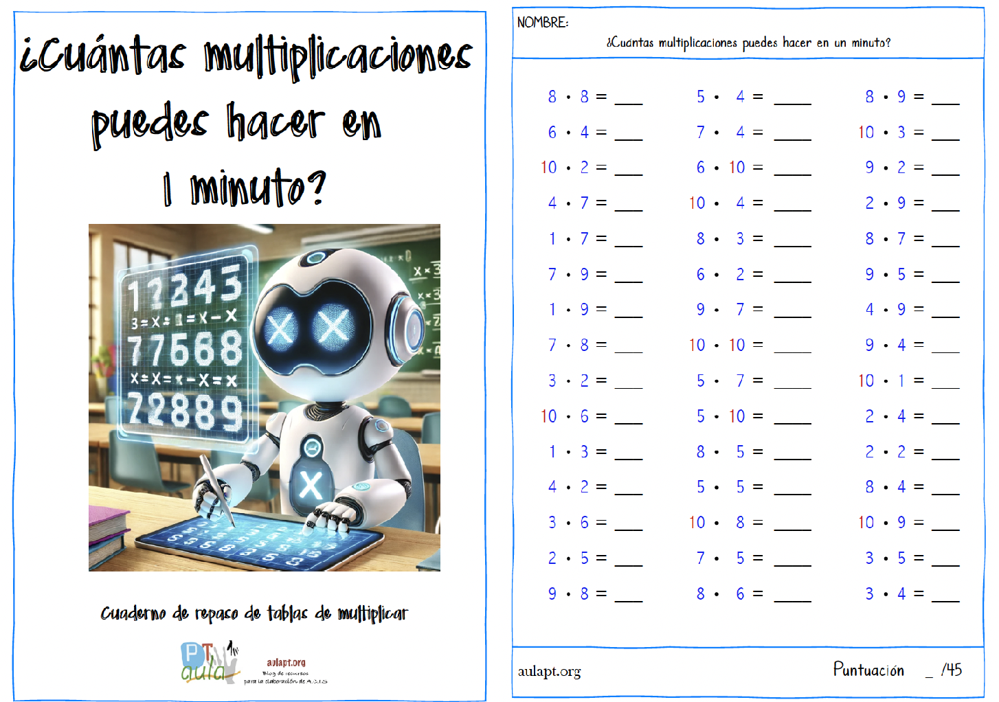 tablas de multiplicar a contrarreloj Aula PT